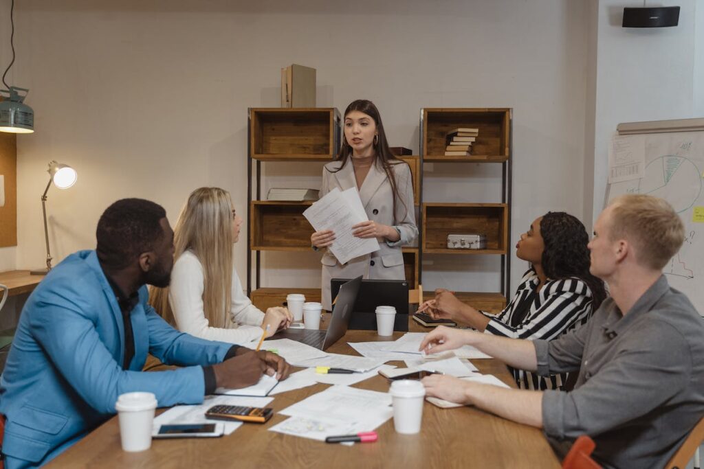 A woman talking in a meeting