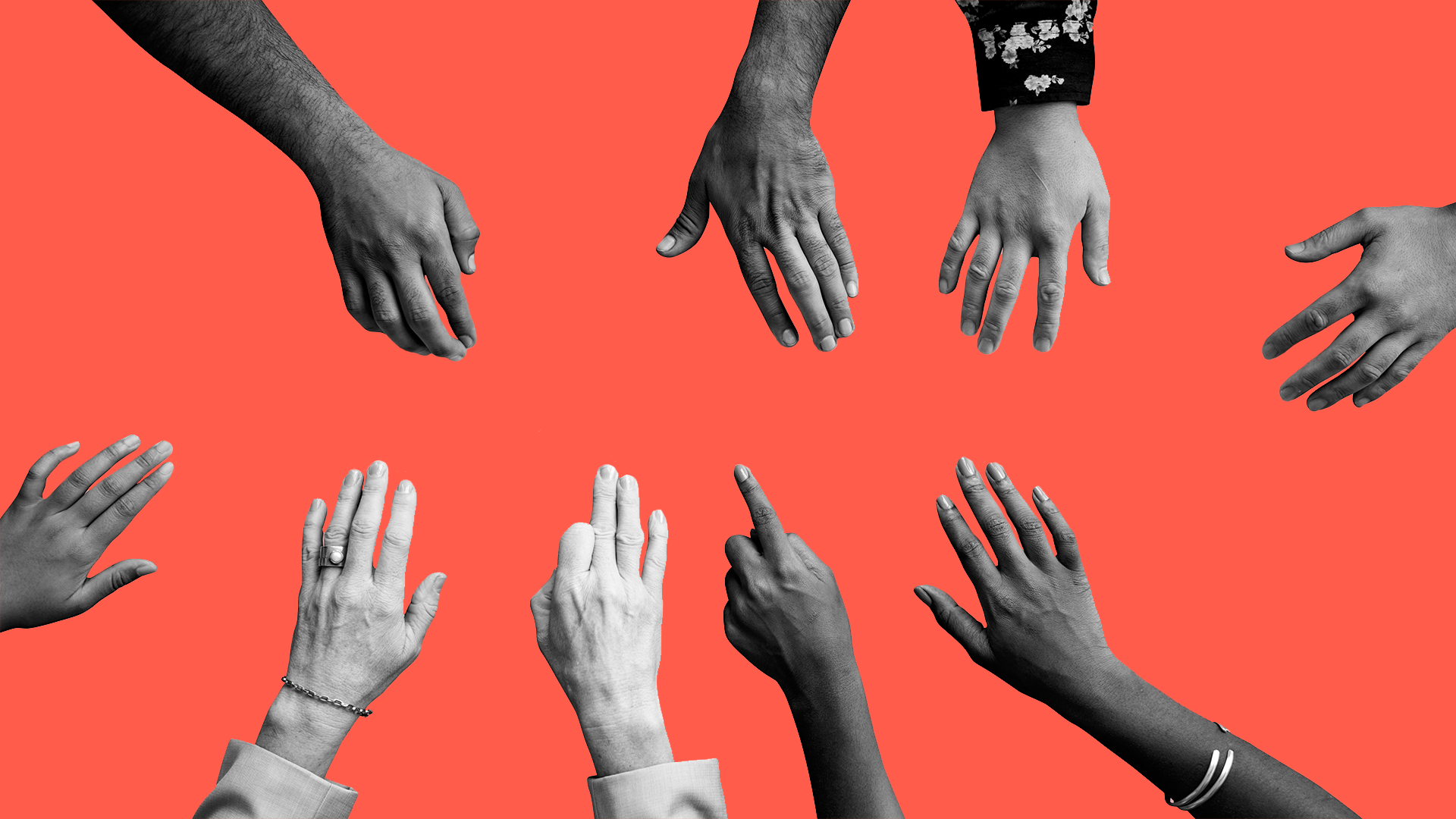 Human hands in black and white on a red background