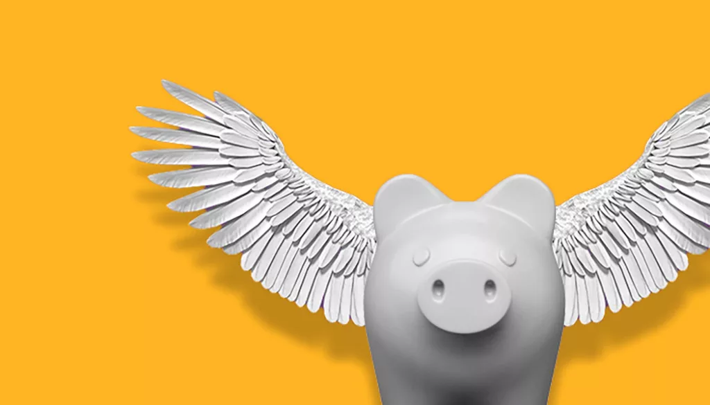 A piggybank with wings on a yellow background symbolizing that outsourcing sales boosts earnings
