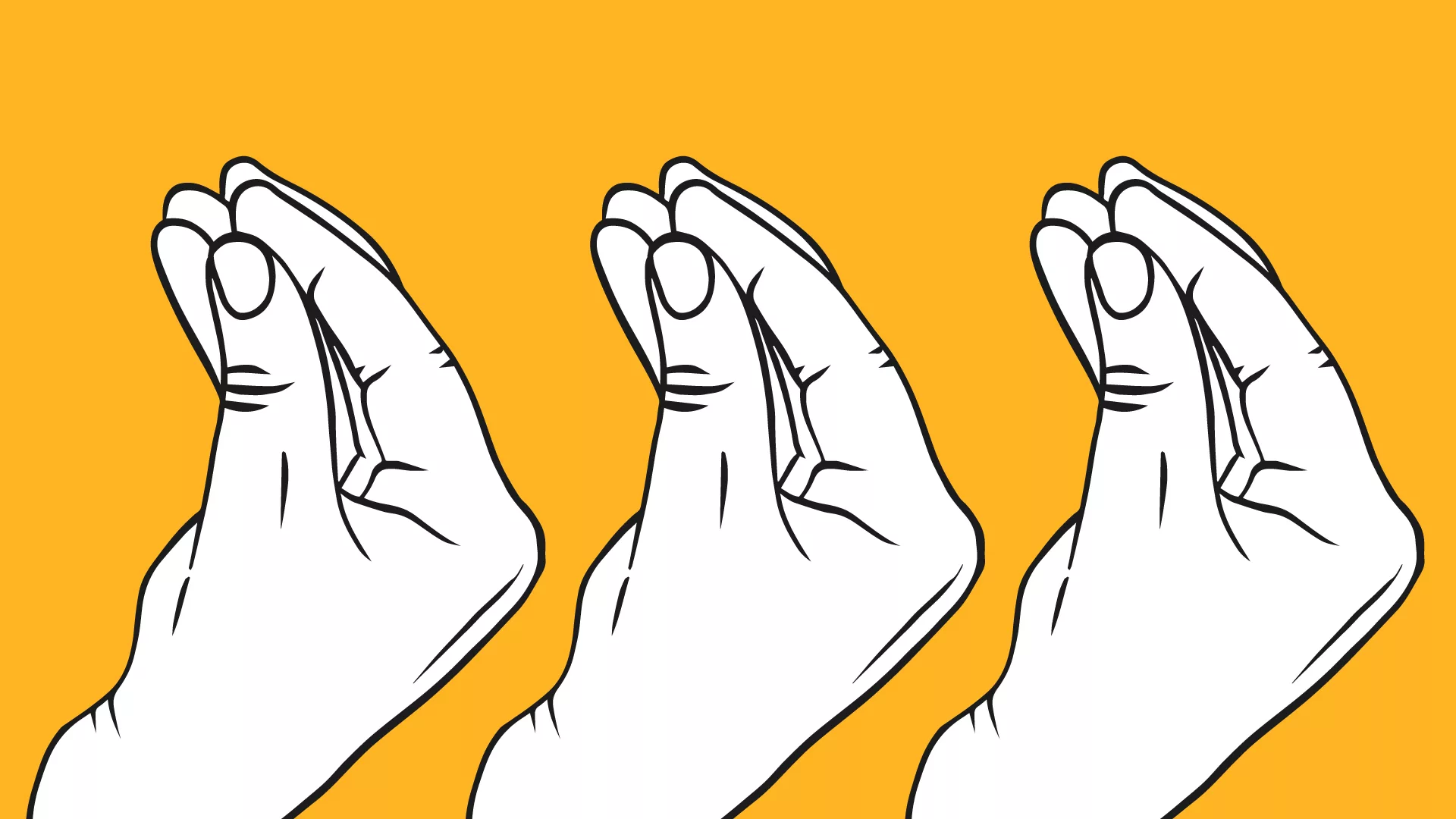 three hands proving a point on a yellow background